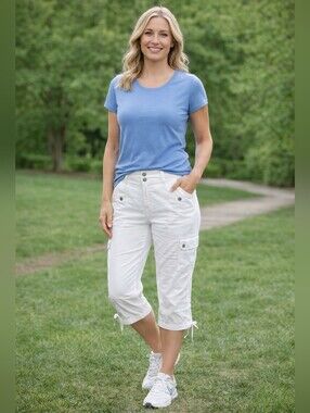 Suzy Shier White Cropped Cargo Capri Pants with Tie Hems